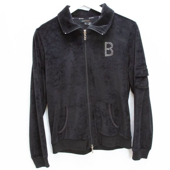 Vgt Y2K BCBG Rhinestones Bling Logo Black Velvet Tracksuit Jacket Sz L Full Zip - Picture 5 of 10
